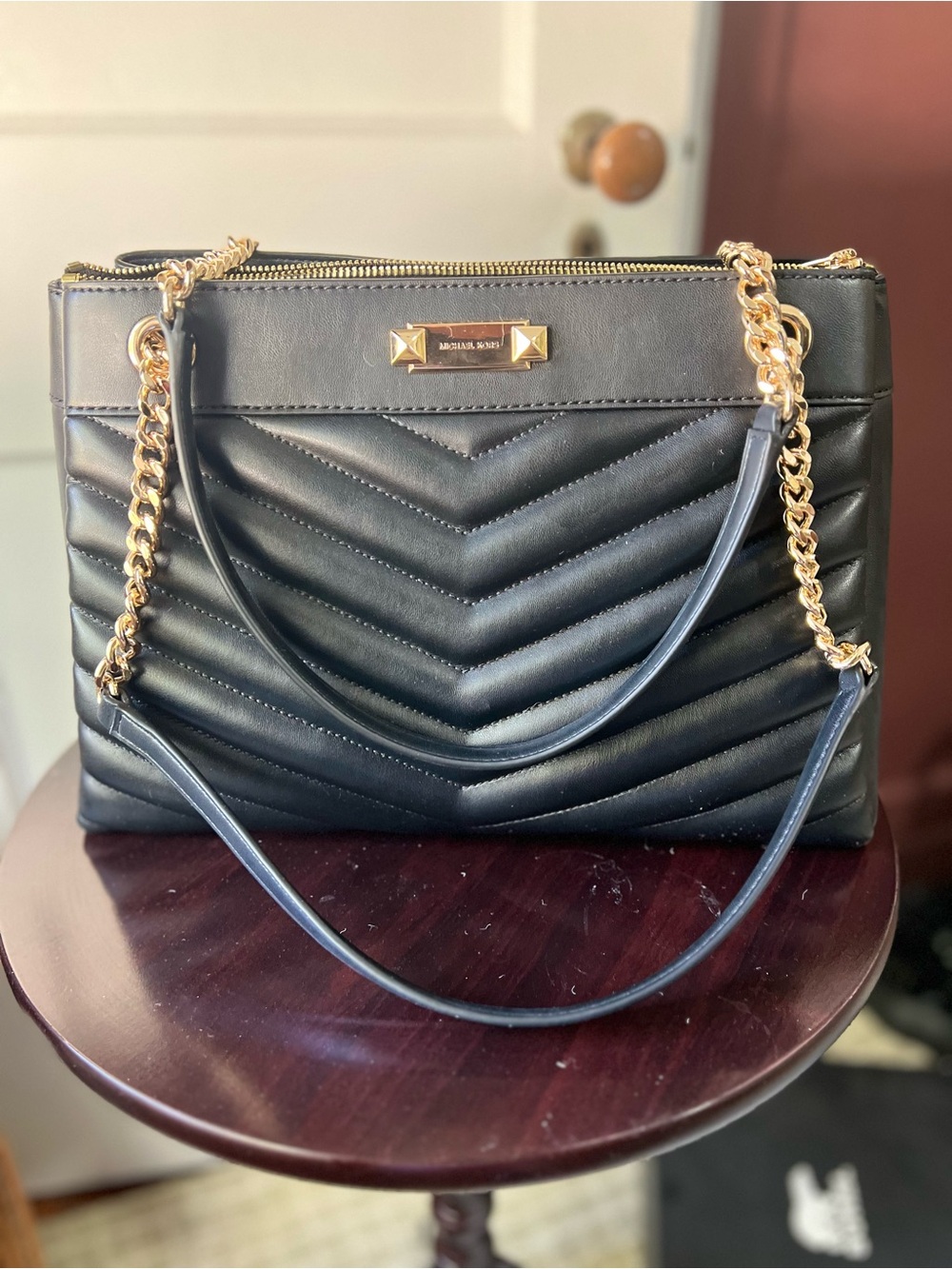 MICHAEL KORS Black Quilted Chevron Shoulder Bag with Gold Chain